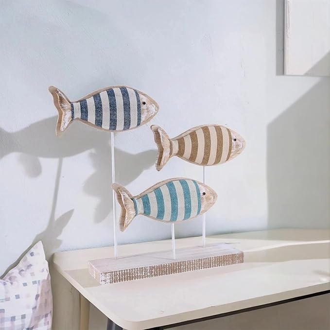 NAUTIMALL Wooden Fish Figurines with Jute Rope and Cotton String, Fish Sculpture Statues for Home Decoration, Table Top Nautical Decor for Living Room, Bedroom, Beachhouse Home Decor (StripedFish-3)