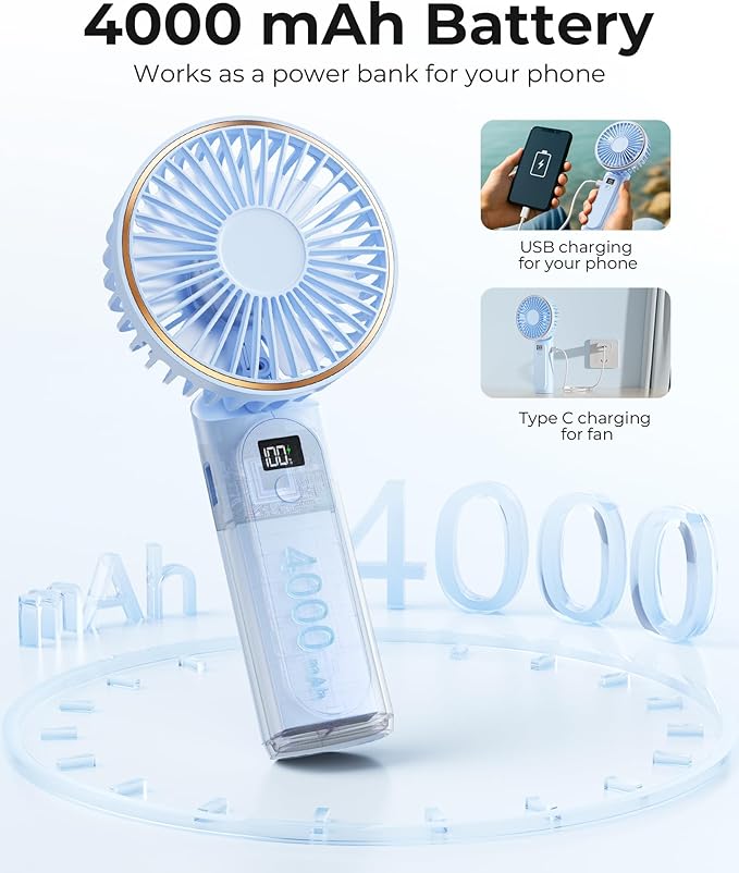 Portable Handheld Fan, Portable Fan Rechargeable, 4000mAh, 180° Adjustable, 6 Speed Wind, Display Electricity in Real Time, USB Rechargeable Foldable Fan, Quiet Personal Fan as Power Bank