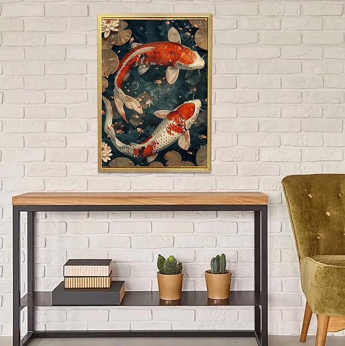 JFYHAB Koi Fish Diamond Art Kits for Adults, Scenery Fish DIY Full Drill Diamond Painting Kits for Beginners, 5D Gem Art Crafts for Adults, Home Wall Decor 12x16 inch