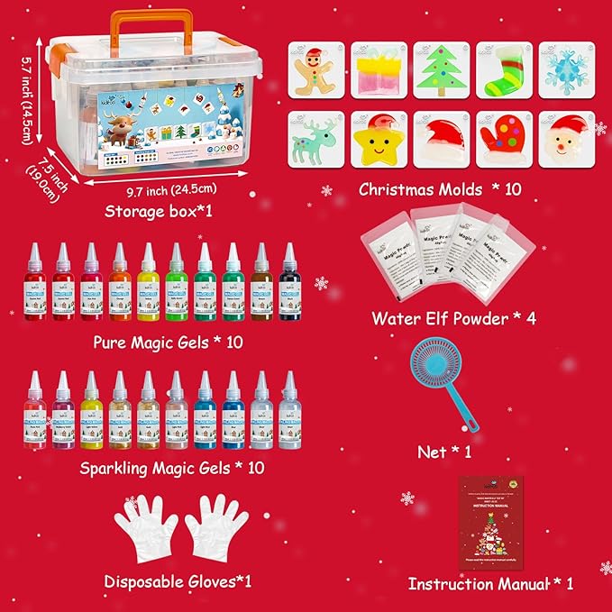 Kiditos Christmas Magic Water Elf Toy Kit, Magic Gel Water Pets with 20 Gels &10 Molds, DIY Squishy Maker Set, Christmas Gifts, Birthday Gifts, Party Favors, Craft Kits for Kids Ages 3+