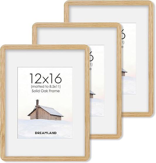 Dreamland 12x16 Picture Frame Set of 3, Solid Oak Wood Photo Frame with Mat for 8.5x11, Round Corner 12 x 16 Matted Picture Frames with Resistant Plexiglass for Wall Mounting or Tabletop, Oak Color