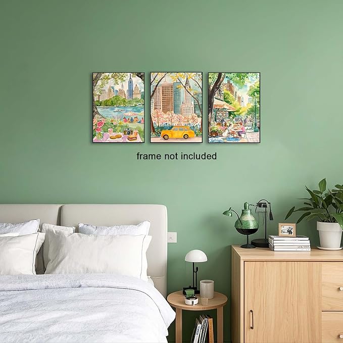 XLARTMY New York City Poster Travel Wall Art Canvas Framed Watercolor NYC Central Park Landmarks Artwork Decor Painting Prints Pictures Set of 3 for Bedroom Living Room Office 12x16in Unframed