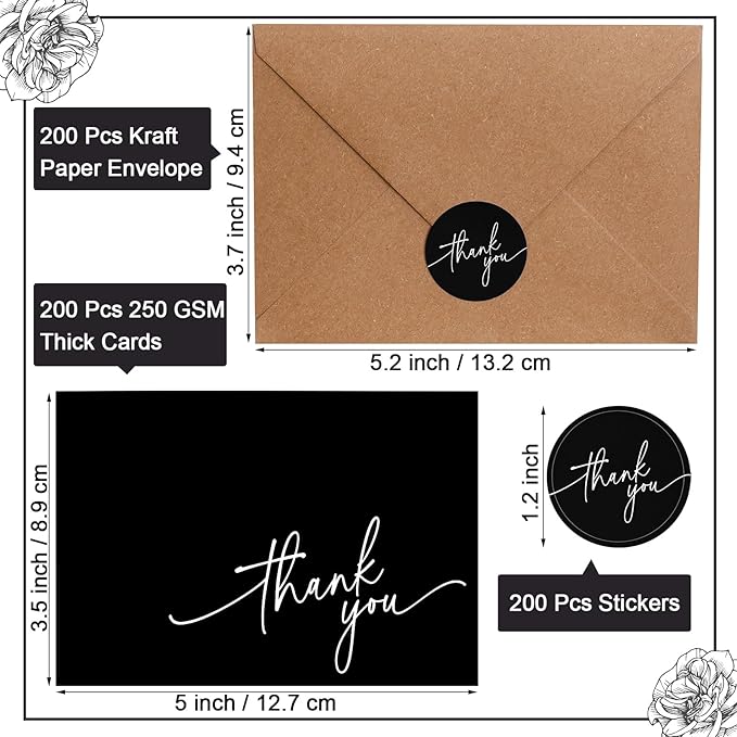 Gueevin 200 Pcs Thank You Cards with Kraft Envelopes and Stickers Bulk, 3.5 x 5 Inch Classy Blank Thank You Notes for Wedding, Business, Graduation, Baby Shower, Bridal Shower, Funeral(Black)