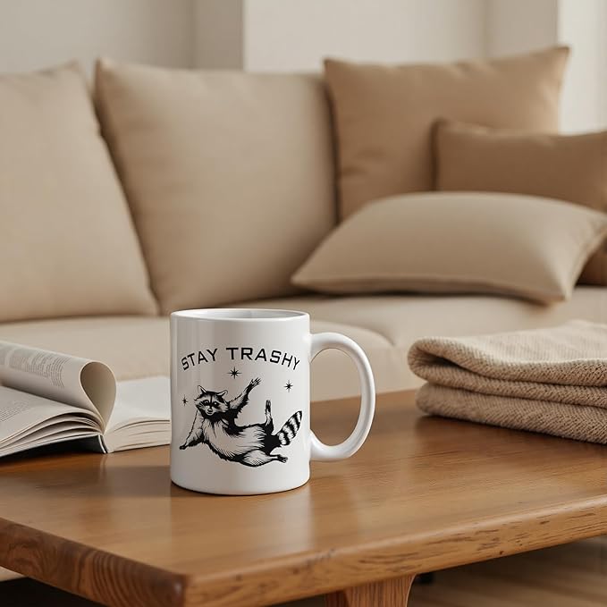 Funny Stay Trashy Raccoon Meme Mug 11 oz, Raccoon Lover Gifts Coffee Cups Ceramic, Humorous Trash Panda Ceramic Mug for Coffee Tea Hot Cocoa Home Office Work