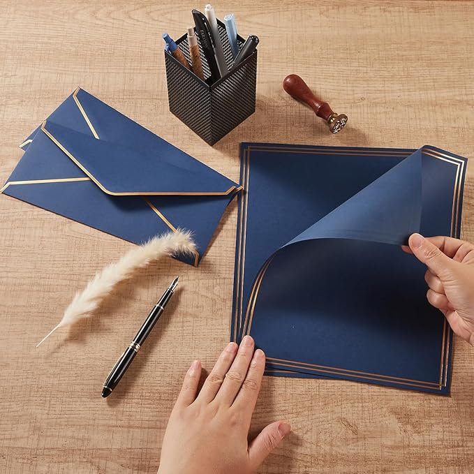 50 Pack Stationery Set with Gold Border, #10 Business Envelopes and 8.5x11 Paper Sheets and Stickers for Writing Letters (Navy Blue, 8.5x11 Inches)