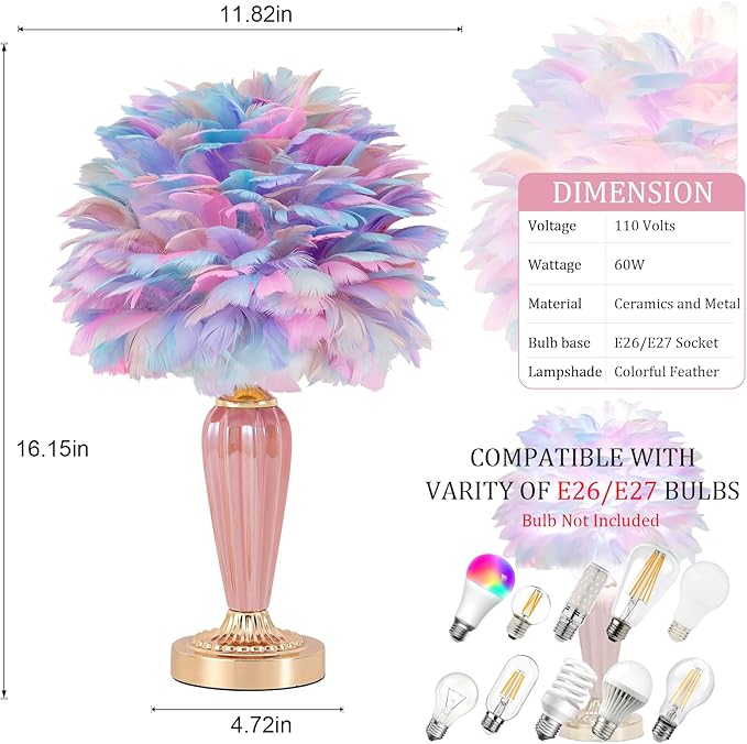 Colorful Feather Lamp Fluffy Table Lamp Furry Bedside Lamp Romantic Princess Lights Goose Feather Night Light for Bedroom Wedding Decor Valentines Dating Livingroom Hotel Office