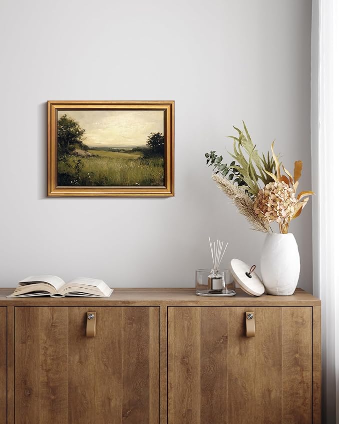 Bzstyleart Vintage Wall Art Decor for Living Room,Gold Framed Canvas Wall Art Home Decor Aesthetic,Grassland Vintage Landscape Prints,Canvas Picture Print Artwork,12 x 16 Inch