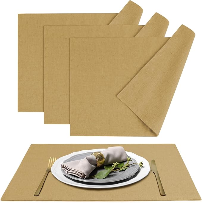 MANSPHIL Gold Cloth Placemats Set of 4 Washable Thick Faux Linen Place Mats Heat Resistant Double Layer Fabric Table Mats Wrinkle Free Dining Kitchen Table Decor - 13x19 Inch Oeko Tex Placemat
