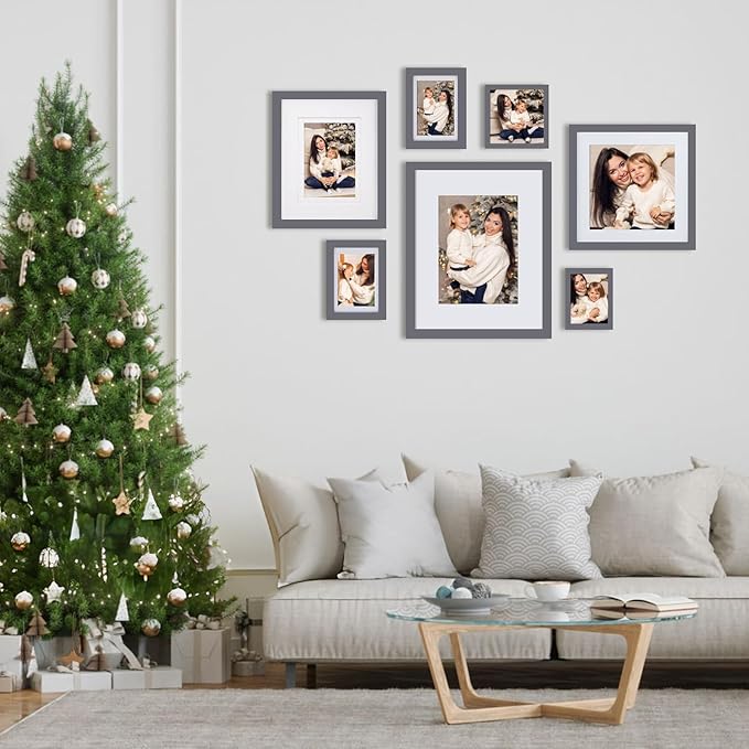 Egofine 11x11 Grey Picture Frames 4 Pack Display Pictures 4x4/8x8 with Mat or 11x11 Without Mat Made of Solid Wood for Table Top Display and Wall Mounting Photo Frame, Dark Grey