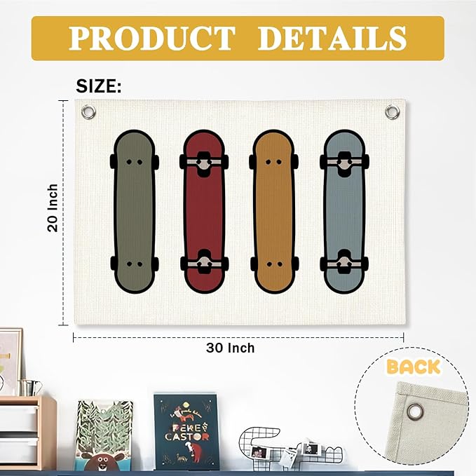 Boys Room Decor, Skateboard Sports Nursery Wall Hanging Canvas Banner Prints, Colorful Skateboard Wall Art Decor for Kids Boys Nursery Toddler Room Bedroom Playroom, 30x20 Inch
