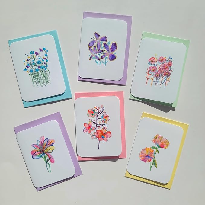 Handmade Floral Note Card Set: Vibrant Flower Art, Blank Inside, Set of 6