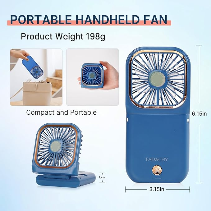 FADACHY Mini Fan, Handheld Fan Desk Fan, Small Personal Fan with 3 Speeds Neck Fan Power Bank