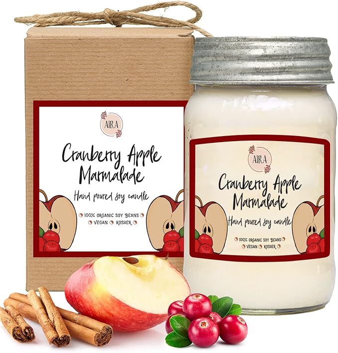 Aira Soy Candles - Organic, Kosher, Vegan, in Mason Jar w/Therapeutic Grade Essential Oil Blends - Hand-Poured 100% Soy Candle Wax - Paraffin Free, Burns 110+ Hours - Cranberry Apple - 16 Ounces