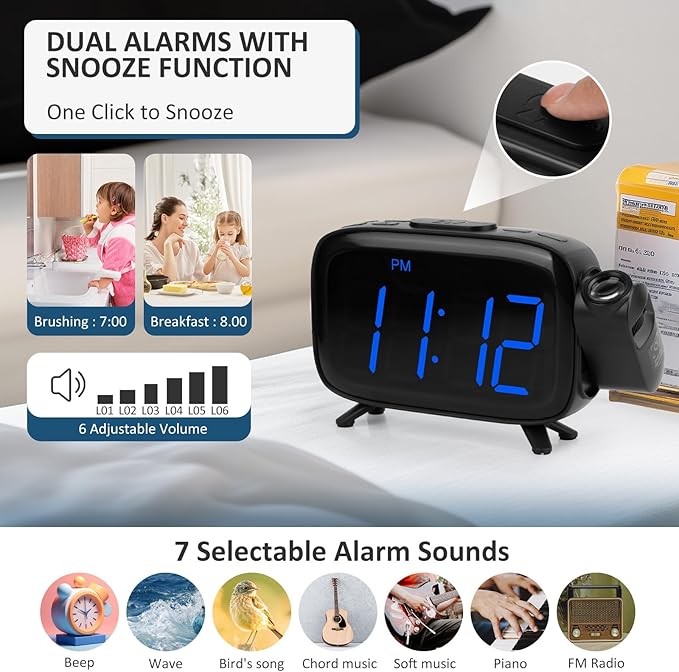Digital Projection Alarm Clocks for Bedrooms - Large LED Display, 180° Rotatable Projector, 2-Level Dimmer,USB Charger,Battery Backup,Loud Dual Alarms for Kids Elderly,Heavy Sleepers,Snooze,12/24H,DST
