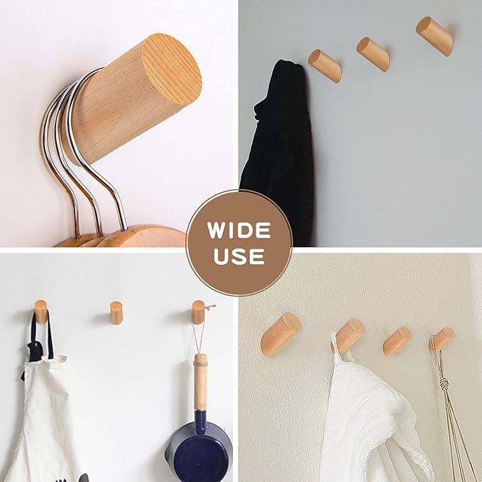 Wall Hook 4 Pack, Wood Coat Hat Hooks Wall Mounted, Modern Wooden Hooks for Hanging Coats Towels Planter Hanger Robe Hook Entryway Wall Coat Rack (Beech Wood)