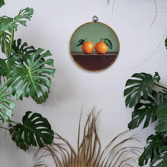 Hiuwevt Vintage Two Oranges Round Wall Art Decor, Retro Citrus Fruits Painting Hanging Canvas Prints Artwork Framed, Mild Green Still Life Circular Wall Decor for Home Living Room, 10x10 Inch