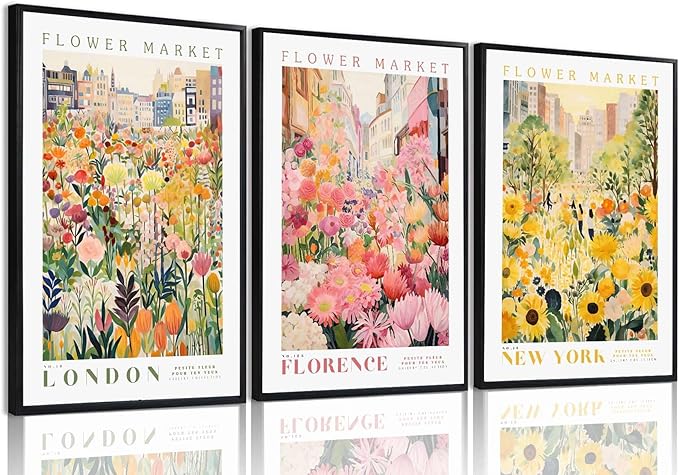 XLARTMY Flower Market Wall Art Print Canvas Yellow Pink Floral Paintings Colorful Botanical Sunflower Artwork Travel Poster for Decor Picture 3 pieces for Living Room Bedroom Bathroom 16x24in Unframed