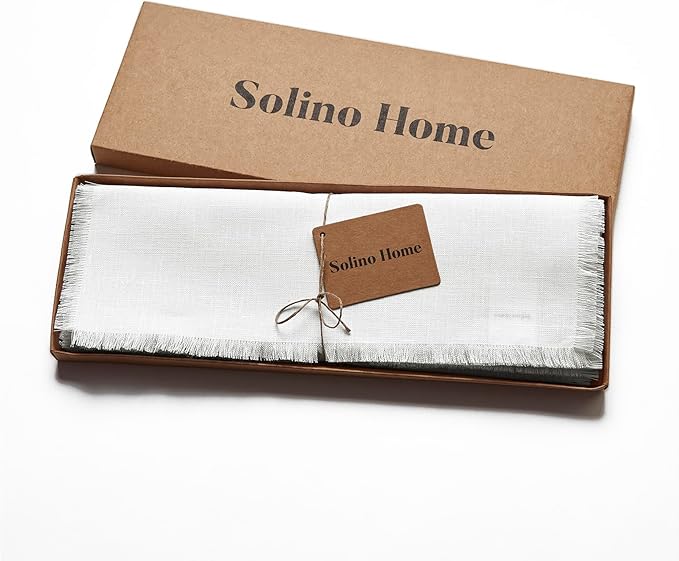 Solino Home Fringe Linen Placemats Set of 4 - White Placemats 14 x 19 Inch - 100% Pure Linen Table Mats for Winter, Valentines, Spring, Easter