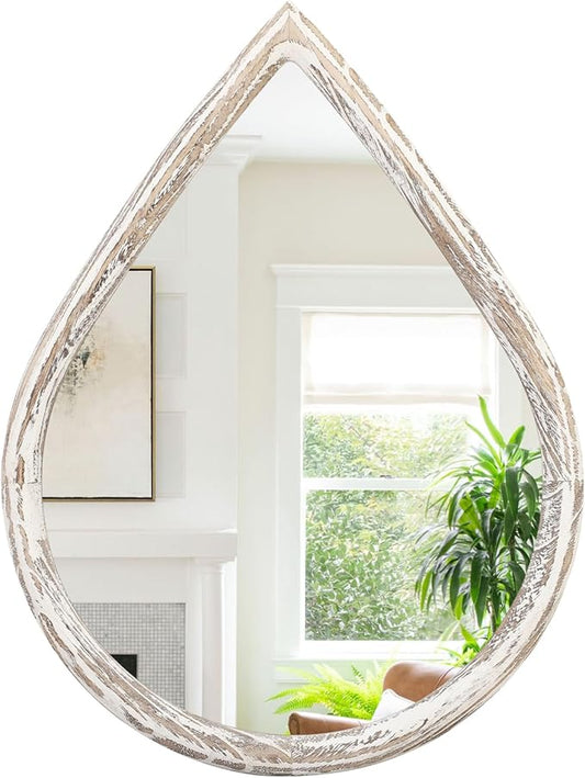 Farmhouse Wall Hanging Mirror Drop Shaped Mirror with Wood Framed Wall Mirror Vintage Decor for Bedroom Living Room Bathroom Entryway