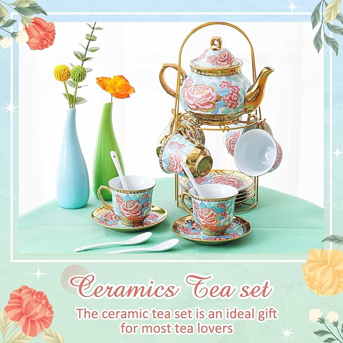 Zhehao 20 Pcs Porcelain Tea Set with Metal Holder and Spoon Adult Ceramic Tea Set European Flower Painting Teapot Cup Saucer Spoon for Women, Large Version(Vintage Style)