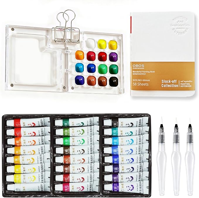 Mini Watercolor Paint Set Portable, Travel Grid Paint Palette Box with Binder Clips Include Paint, Brush*3 and Picture Album Art Materials Coloring Markers (Clear Acrylic-L)