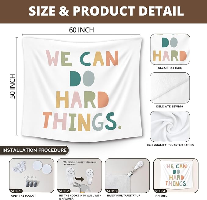 XLDLIOO Boho Classroom Tapestry, We Can Do Hard Things Inspirational Wall Tapestry Hanging for Bedroom, Inspirational Tapestries Decor Art for Kids Room Classroom Playroom, 50x60in