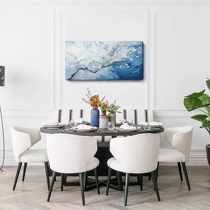 Nicetop Large Wall Art for Living Room– Blue and white Floral Canvas Art Print, Plum Blossom Flower Branch Picture Tree of Life Artwork for Modern Coastal Calming Bedroom Office Wall Decor, 48x24 Inch