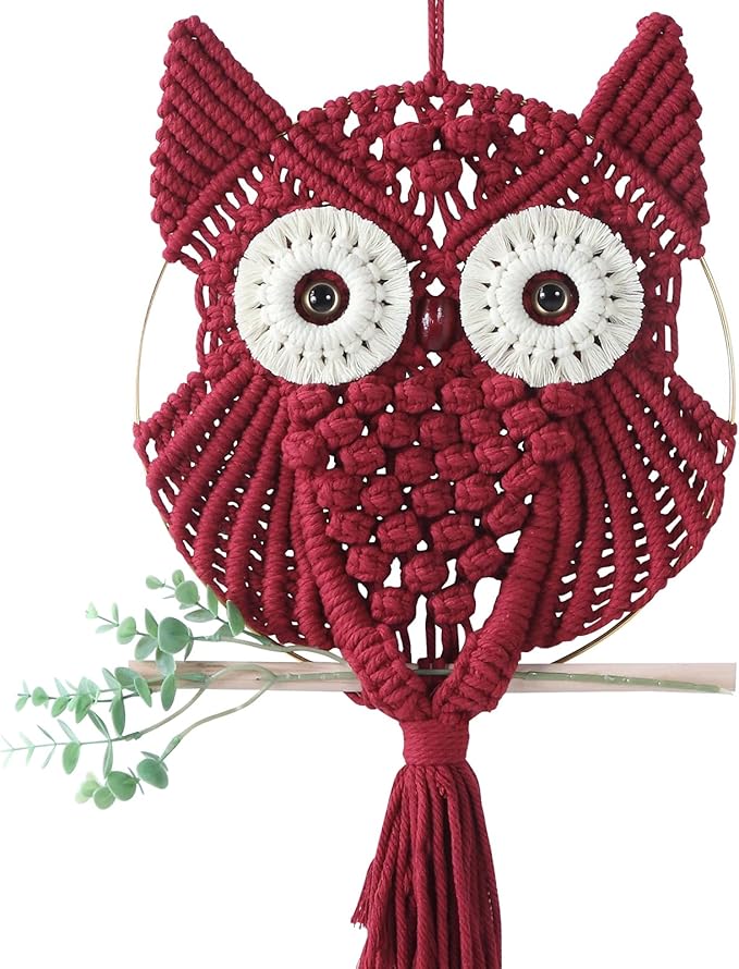 MVSUTA Owl Burgundy Cotton Handmade Macrame Wall Hanging Tapestry Home Decor Art and Red Craft Wonderful Decoration Woven Boho Ornament for Office Bedroom Apartment Living Room Nursery Gallery,1pc