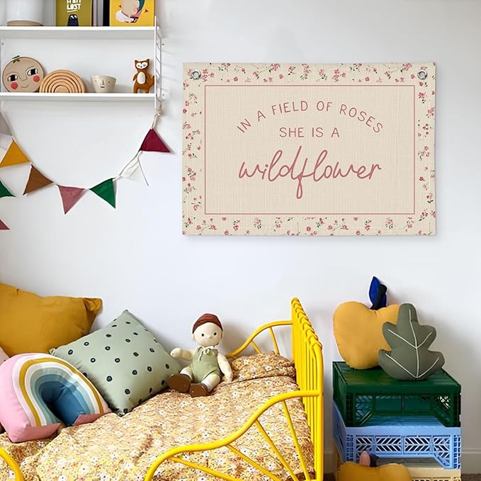 Wildflower Nursery Decor, Girls Room Decor - In a Field Full of Roses She Is a Wildflower Pink Linen Banner Flag for Little Girl Baby Girl - Pink Wildflower