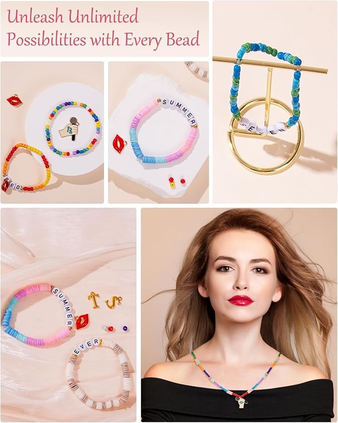Goldwise Friendship Bracelet Making Kit, 24 Colors 6mm Clay Beads & 4mm Glass Seed Beads with 920 Letter Beads for Bracelet Making, Varieties of Charms, Jewellery Bracelet Making Kits