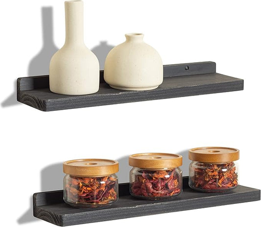 Freezing point Floating Shelves for Wall Set of 2 Natural Wood 16Inch Wall Shelf Decor Plant Display Collectibles Mounted Kitchen Bathroom Bedroom Corner Decorative Storage Stand Black