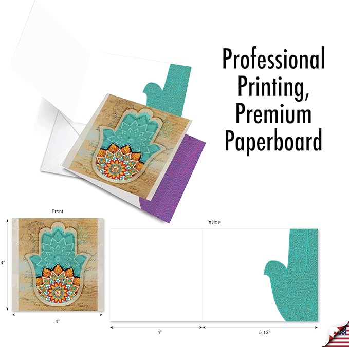 The Best Card Company - 10 Blank Note Cards Assortment for Men and Women (4 x 5.12 Inch) - Zen Patterns and Symbols, Bulk Boxed Set - Hamsa MQ5204OCB-B1x10