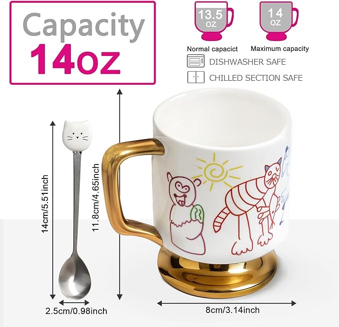 Christmas Mugs Whimsical Animal Ceramic fun Coffee Mug – 14oz Childlike Hand-Drawn Cat, Dog & Bear Design – Cute gothic Coffee Cup Gift for Women, Girls, Kids (white)