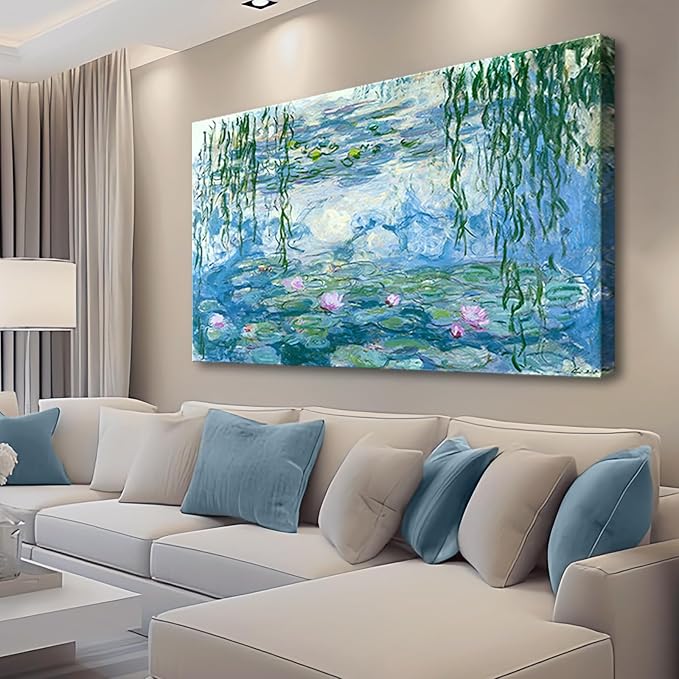 Claude Monet Canvas Wall Art - Water Lilies Classic Artwork Picture Print with Framed Painting for Home Office Wall Decor 32"x48"