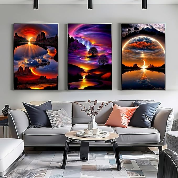 3 Pack Diamond Painting Kits for Adults, Sunrise Landscape 5D Diamond Art for Adult Beginners, DIY Full Drill Round Gem Painting Dot Art Sets, Home Wall Decor 12x16 Inch