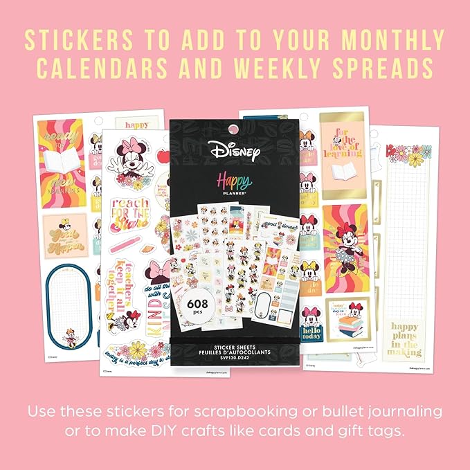 Happy Planner Disney Sticker Pack, Multicolored Planner Stickers for Teachers, Back-to-School Accessories, Sunny Minnie Theme, Classic Size, 30 Sheets, 608 Stickers Total