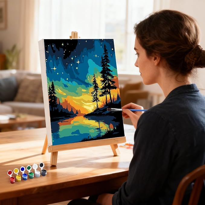 MXJSUA Starry Sky Framed Paint by Numbers for Adults Beginners, Easy Adults' Paint-by-Number Kits on Canvas with Easel, Landscape Acrylic Number Painting Crafts Kits Gifts for Home Decor, 8x10inch