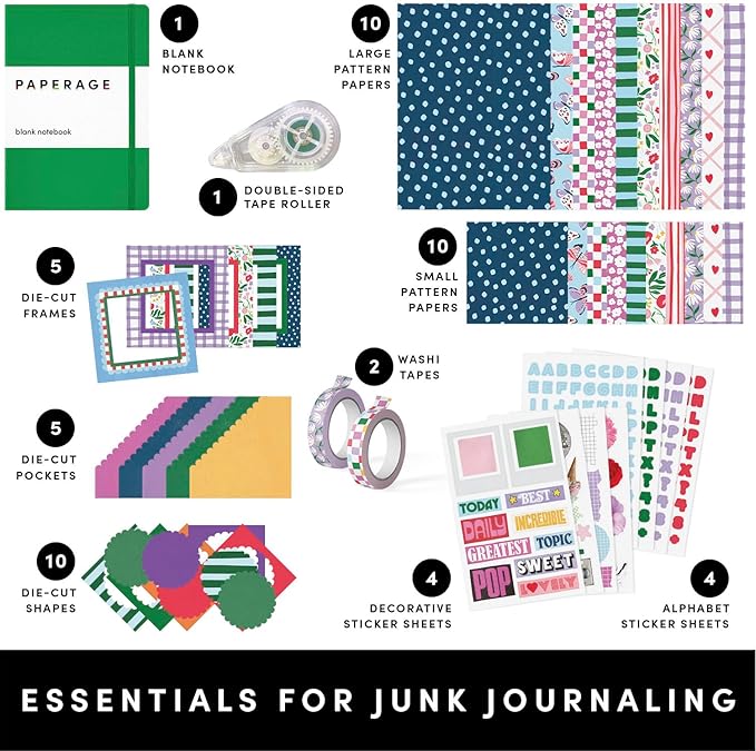 PAPERAGE Junk Journal & Scrapbook Kit, Hardcover Blank Journal Notebook, 20 Patterned Papers, 8 Sticker Sheets, 20 Die-Cut Shapes, 2 Washi Tapes & Tape Roller, Creative Journaling Supplies - Green