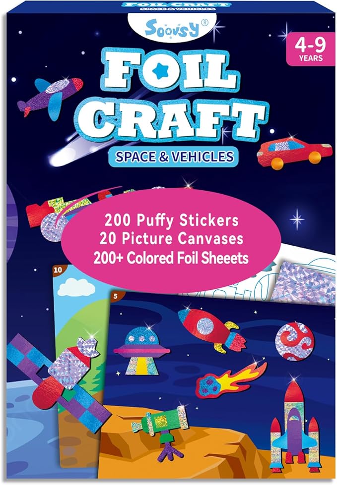 SOOVSY 200 Sheets Space Vehicles Foil Art Fun Kit for Kids, Foil Art for Kids, No Mess Art Crafts Kit DIY Creative Gift Children Travel Toys for 4 5 6 7 8 9 Years Old Girls Boys(Space Vehicle)