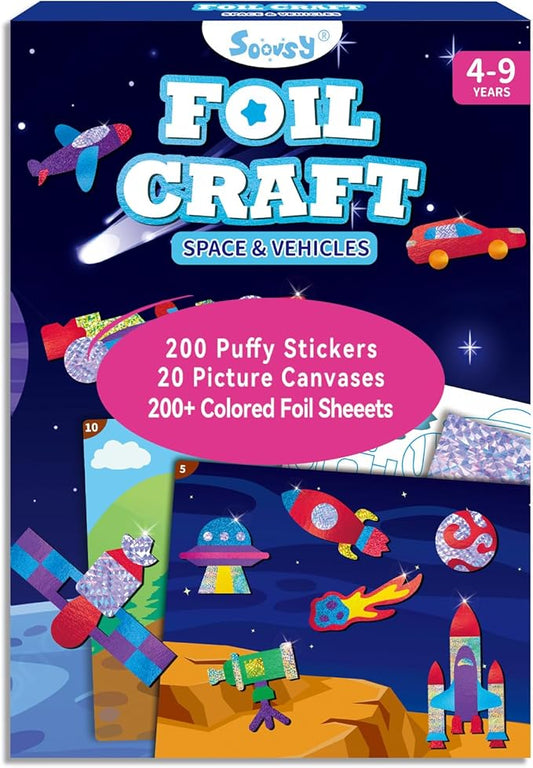 SOOVSY 200 Sheets Space Vehicles Foil Art Fun Kit for Kids, Foil Art for Kids, No Mess Art Crafts Kit DIY Creative Gift Children Travel Toys for 4 5 6 7 8 9 Years Old Girls Boys(Space Vehicle)
