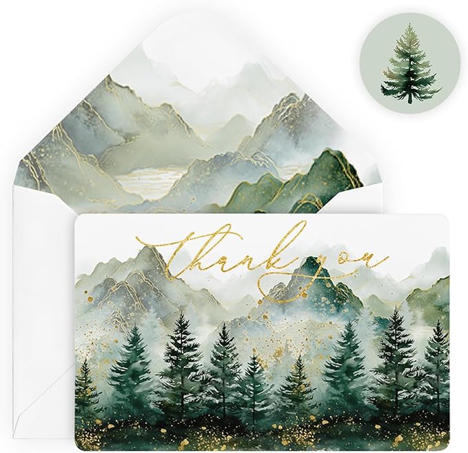 Artoid Mode 36 Pack Golden Polka Dot Tree Mountain Forest Thank You Cards Gift With Envelope Sticker Blank Note Greeting Cards, 4 x 6 Inch