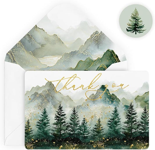 Artoid Mode 24 Pack Golden Polka Dot Tree Mountain Forest Thank You Cards Gift With Envelope Sticker Blank Note Greeting Cards, 4 x 6 Inch