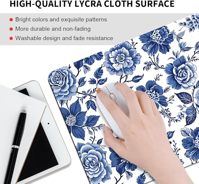 Blue & White Rose Floral Texture Mouse pad, Square Waterproof and Anti Slip Mouse pad for Office laptops