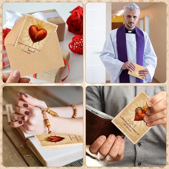 Epakh 24 Sets Religious Valentine's Day Cards Catholic Greeting Card with Brown Envelope Gold Sticker Heart and Cross Exchange Gifts for Godmother Goddaughter Church Couple Friends