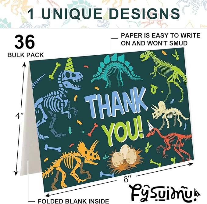 36 Pack Dinosaur Thank You Cards Greeting Cards with Envelopes Stickers Dark Green Dinosaur Skeleton Blank Note Card for Birthday Baby Shower Party Supplies
