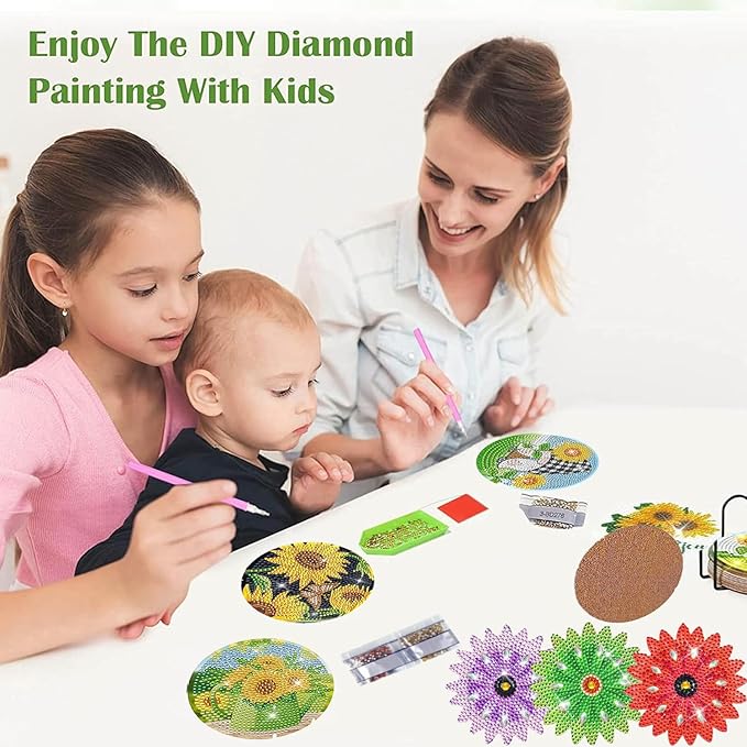 AzsVbvs 8 Pieces Diamond Painting Coasters Kit with Holder, Diamond Art Coasters, DIY Art Crafts Projects, Diamond Dot Kits for Adults and Beginners (Flowers)