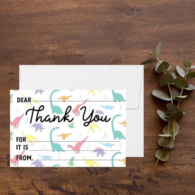Andaz Press Kids Fill in the Blank Thank You Cards - 20 Cards Including Envelopes Colorful Dinosaur Fun Gender Neutral Note Cards For Boys or Girls, Thank You Notes for Friends, Family, Party Guests