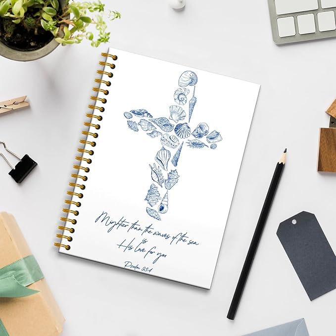 Retro Blue Seashell Cross Christian Notebook, Psalm 93:4 Bible Verse Journal, Prayer Journal for Women Men, Church Notes Notebook, Beach Ocean Hardcover Spiral Notebooks, 5.5x8.3 Inch