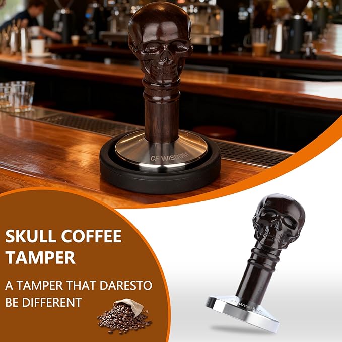 51mm Coffee Tamper - Espresso Hand Tamper with Skull Handle, Steel Base & Ebony Wood Grip, Espresso Accessories Gifts for Your Portafilter