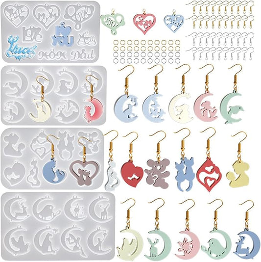 4Pcs Earring Resin Silicone Molds with 40 Earring Hooks, Epoxy Resin Jewelry Molds Silicone Set for Casting Irregular Shape Mold for Earrings Pendant Necklace Bracelet Keychain (4 Pcs-Large)